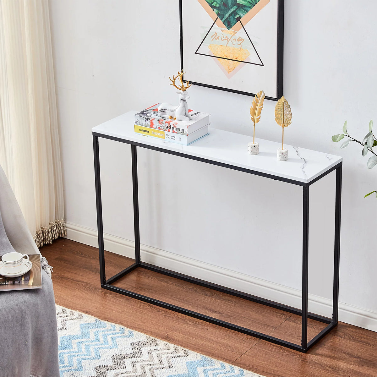 Modern Console Table with White Marble Top and Black Metal Legs H176