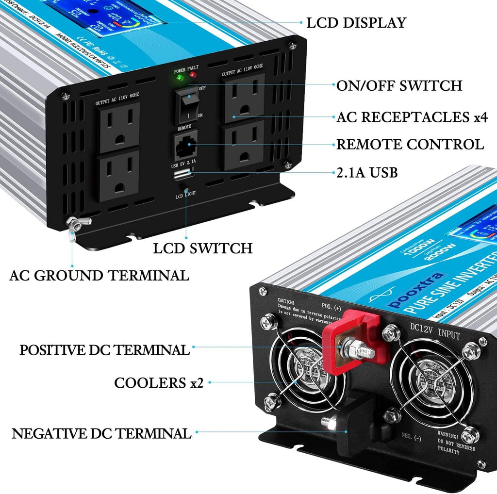 2000 Watt Pure Sine Wave Power Inverter 12V DC to 110V AC with LCD Display USB Port 4 AC Outlets Y335288