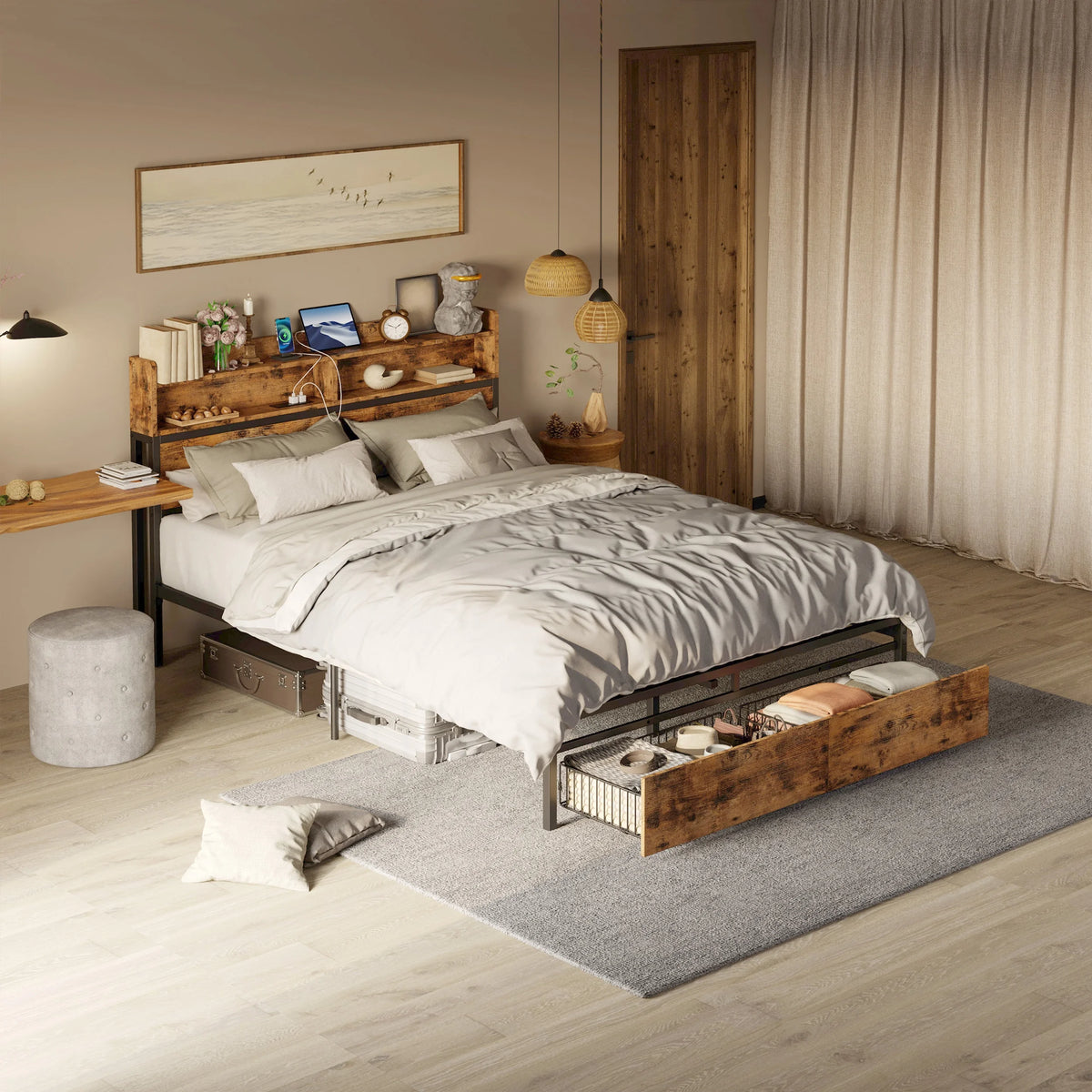 Full Platform Bed Frame with Storage Headboard and 2 Under-bed Drawers C2268