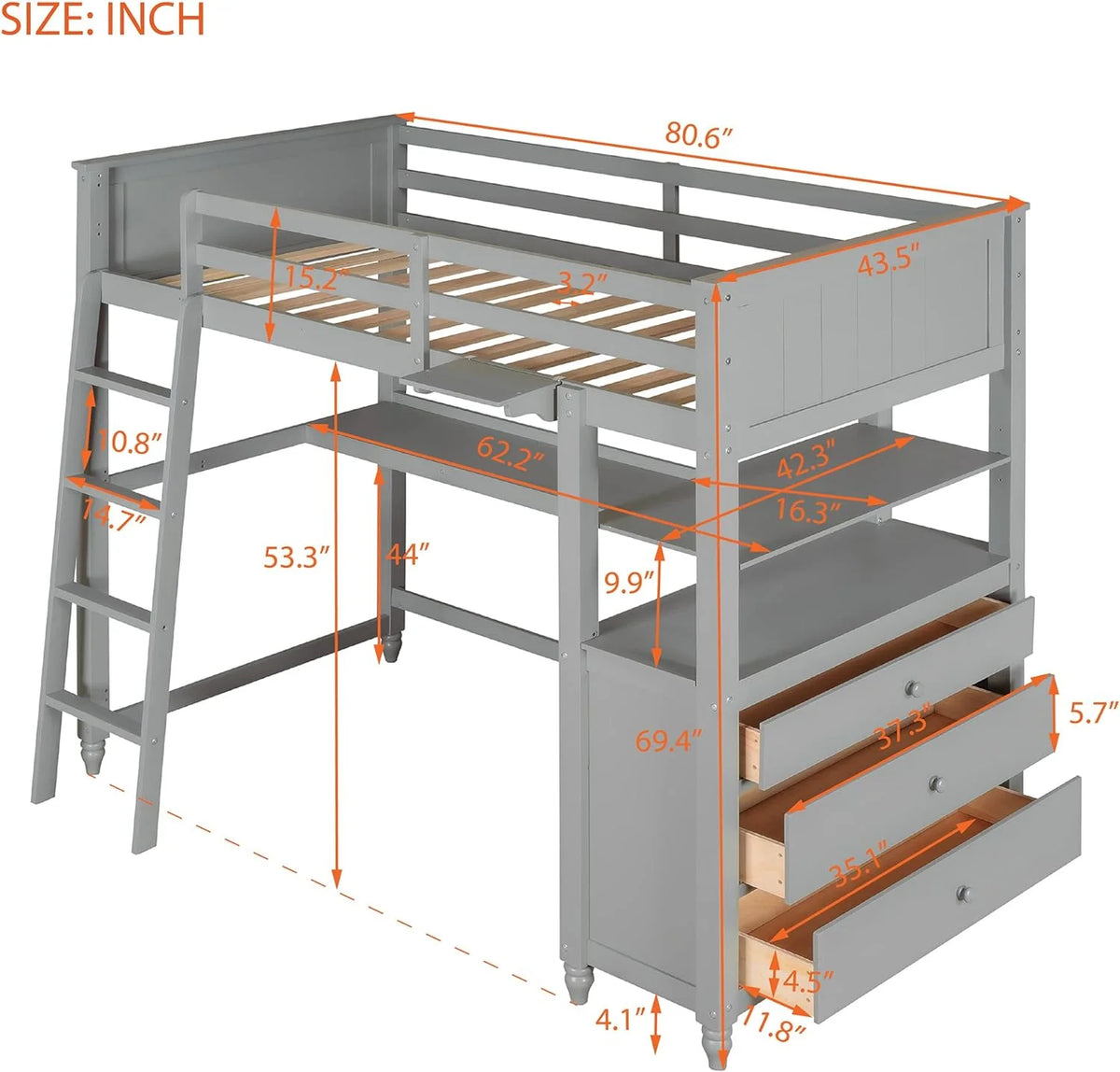 Solid Wood Bed Frame with Desk 3 Drawers and Shelves Y735