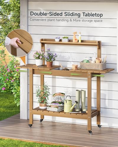 Outdoor Potting Bench with Sliding Tabletop, 4 Wheels, Removable Sink I986133