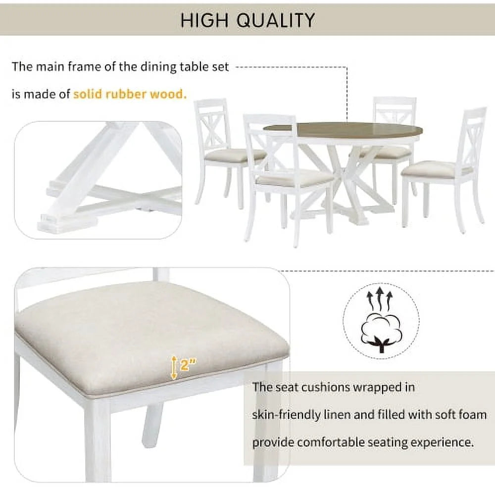 5-Piece Extendable Round Dining Table Set with 4 Upholstered Chairs U30440