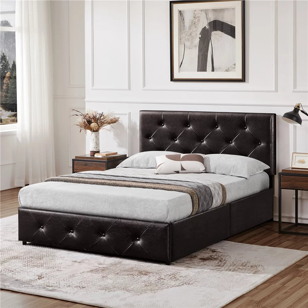 Black Queen Upholstered Platform Bed with Storage E882