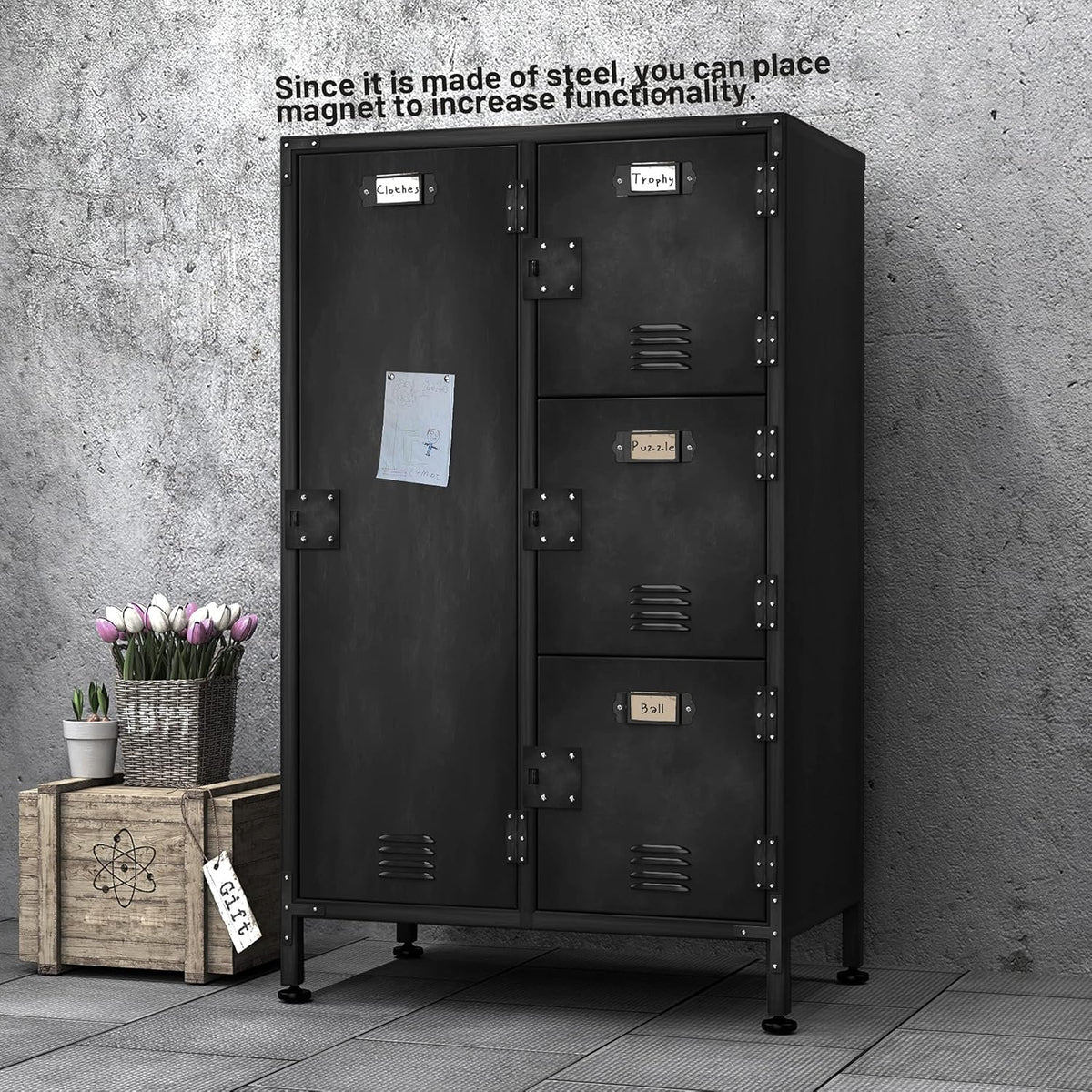 4 Door Lockable Black Metal Storage Cabinet with Shelves P1421