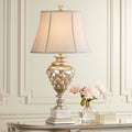 Traditional Table Lamp with Nightlight LED Mercury Glass Off White Fabric Bell Shade N516