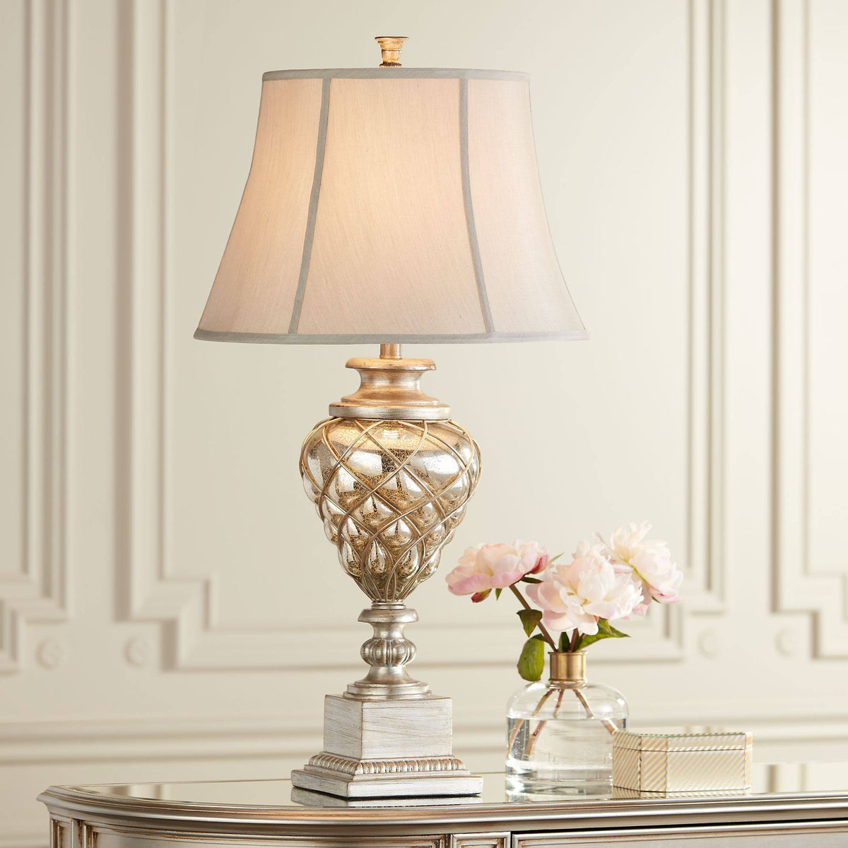 Traditional Table Lamp with Nightlight LED Mercury Glass Off White Fabric Bell Shade N516