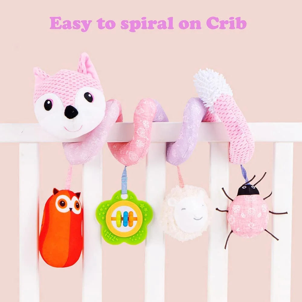 Pink Fox Baby Car Seat Toys with Musical Sheep Rattles Owl Ladybird Distorting Mirror Y980626