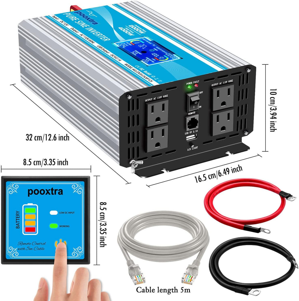 2000 Watt Pure Sine Wave Power Inverter 12V DC to 110V AC with LCD Display USB Port 4 AC Outlets Y335288