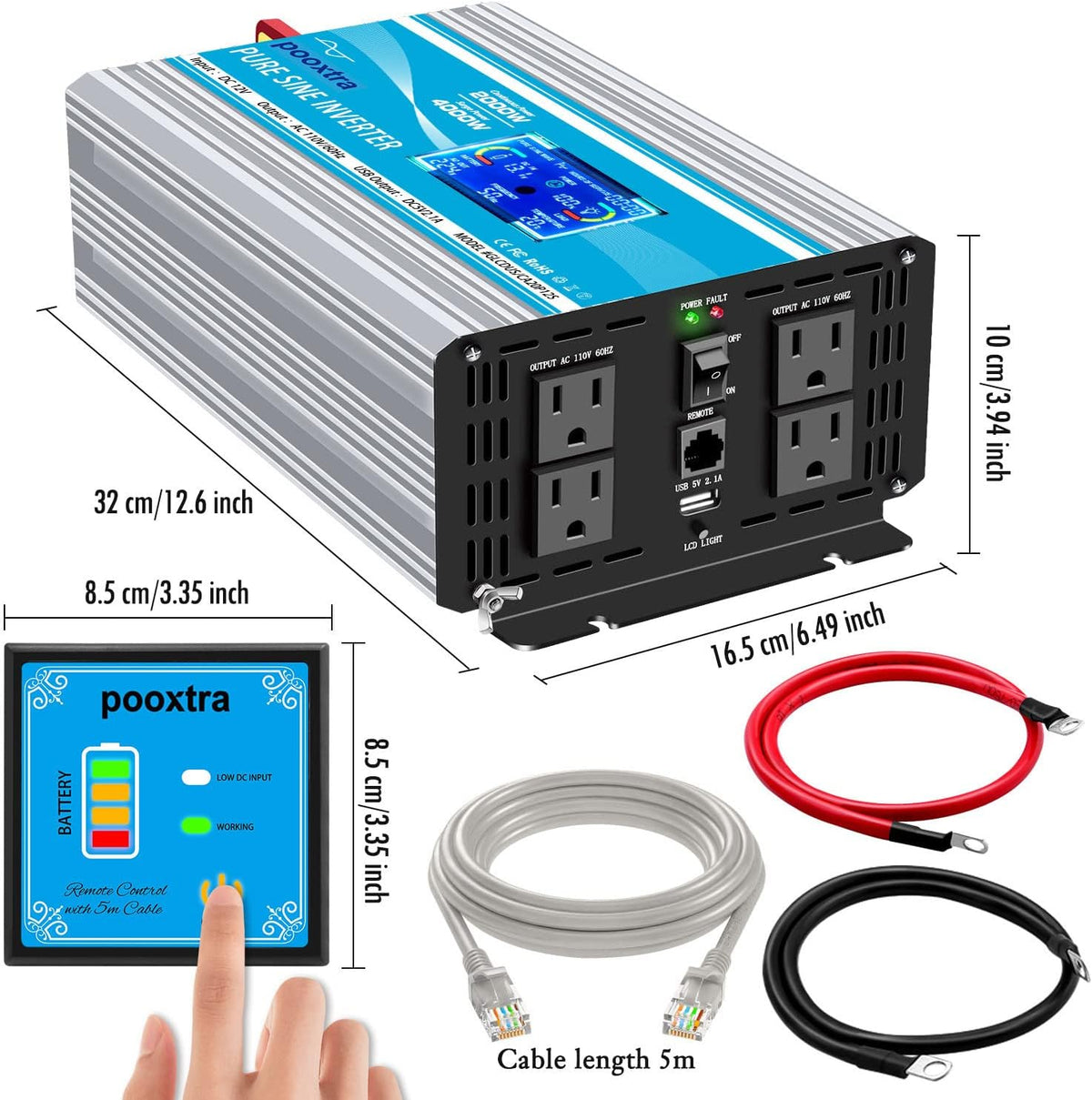 2000 Watt Pure Sine Wave Power Inverter 12V DC to 110V AC with LCD Display USB Port 4 AC Outlets Y335288