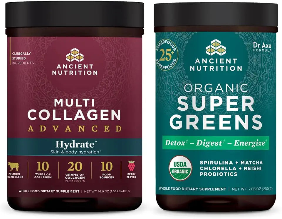 Multi Collagen Advanced Powder Hydrate, Mixed Berry, 30 Servings + Organic Supergreens Power, Greens Flavor, 25 Servings Q5548