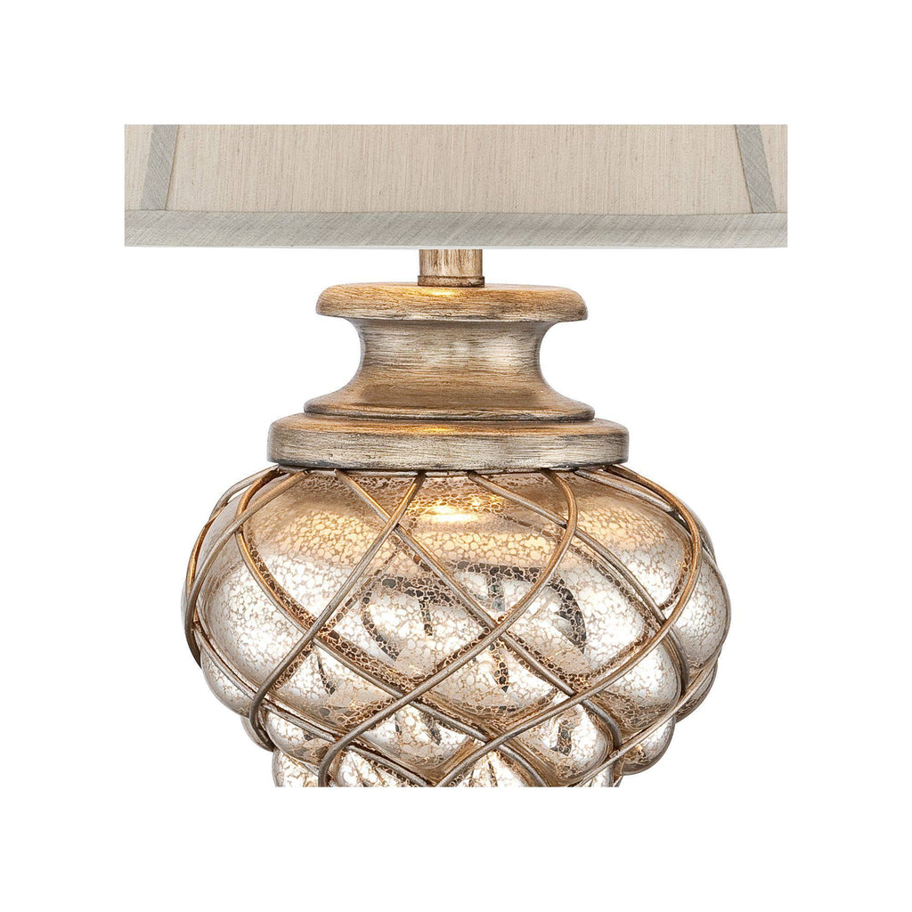 Traditional Table Lamp with Nightlight LED Mercury Glass Off White Fabric Bell Shade N516