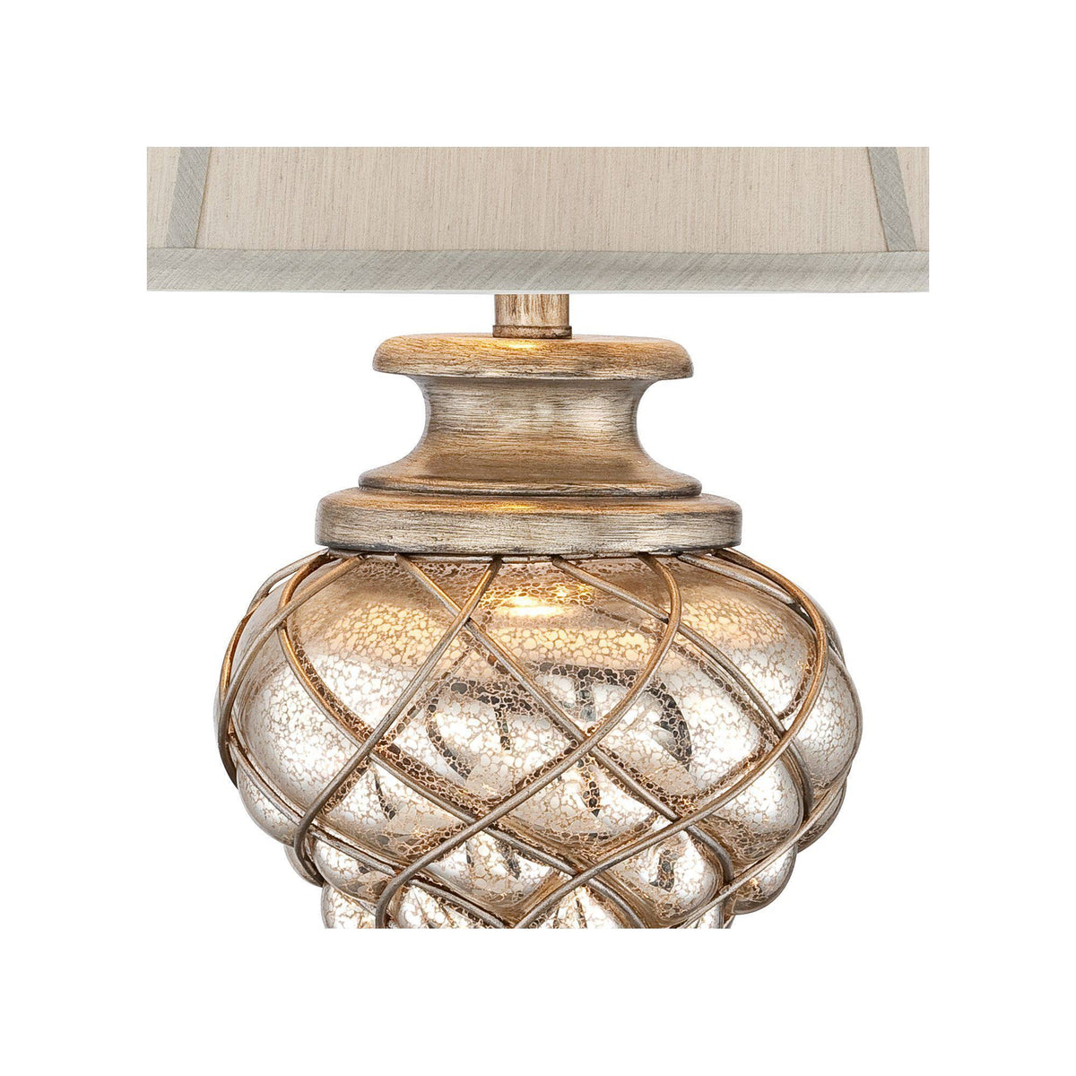 Traditional Table Lamp with Nightlight LED Mercury Glass Off White Fabric Bell Shade N516