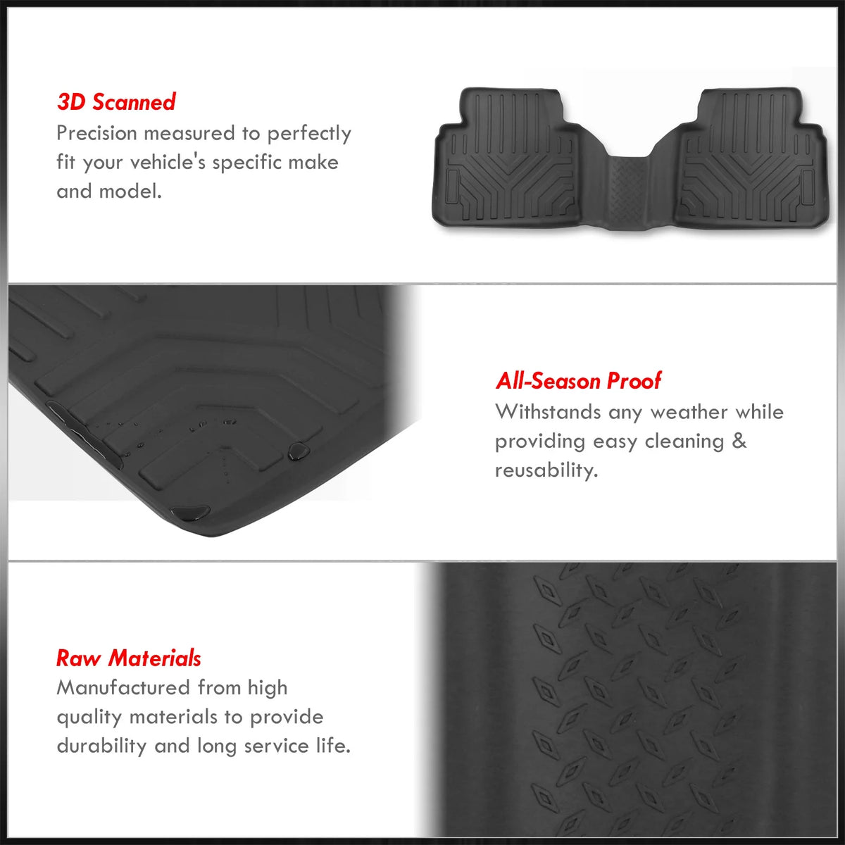 3-Piece All Weather Rubber Floor Mats Liner Black Front & Rear D9155