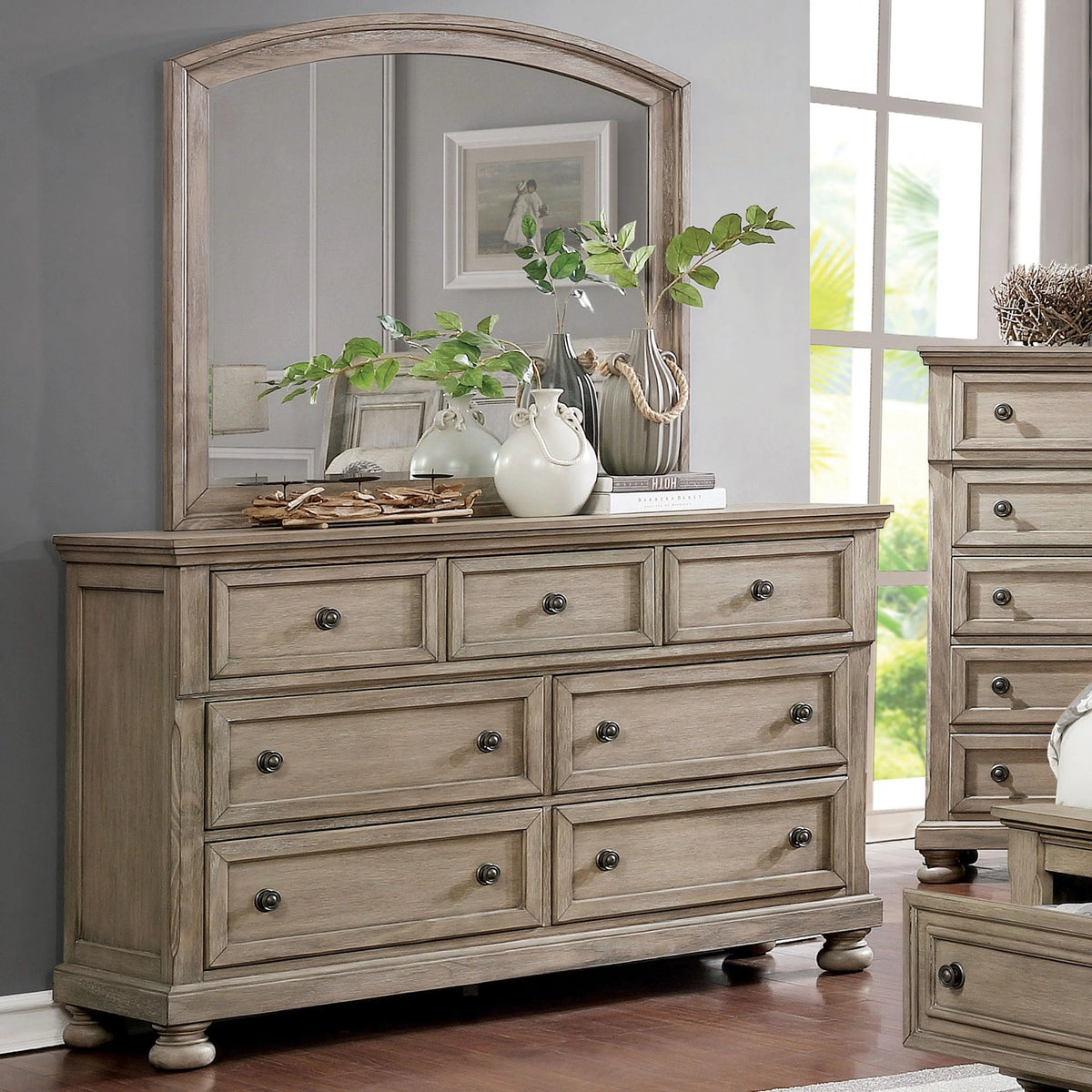 Grey Acacia 7-Drawer Dresser and Mirror Set C414