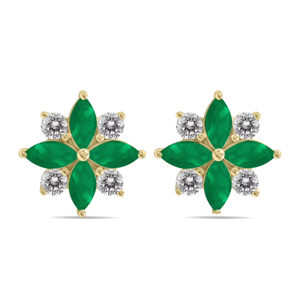 Emerald and Diamond Flower Earrings in 10K Yellow Gold K150
