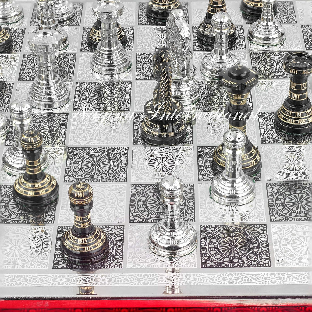 Solid Brass Black Chess Set with Red Velvet Storage Case E75503