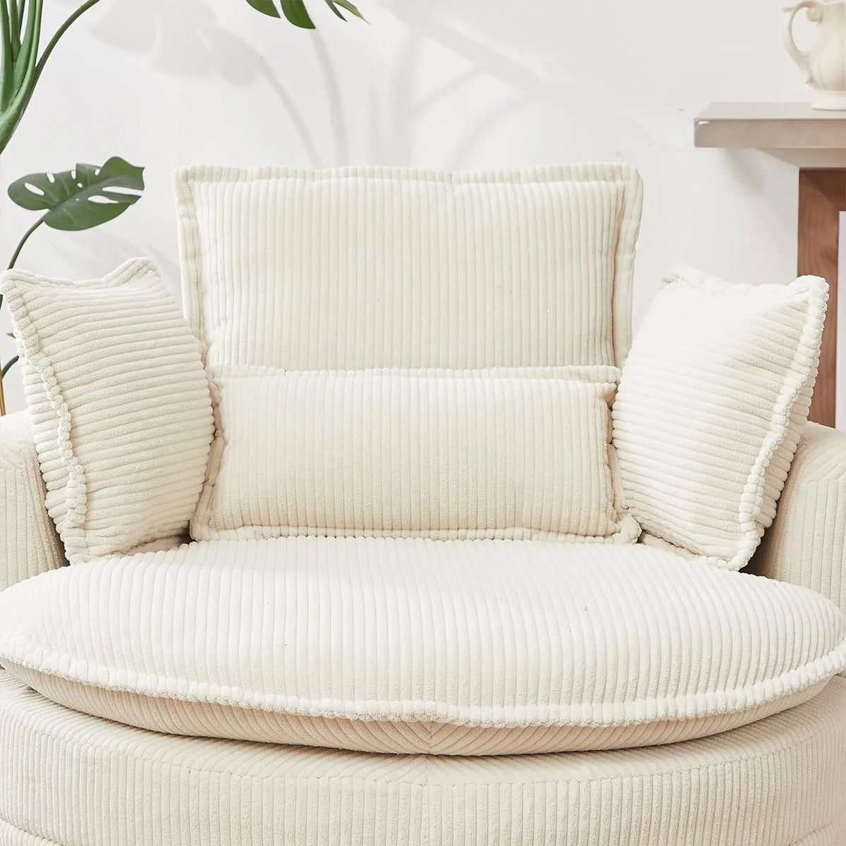 Beige Corduroy Tufted Swivel Accent Chair with Ottoman G2864