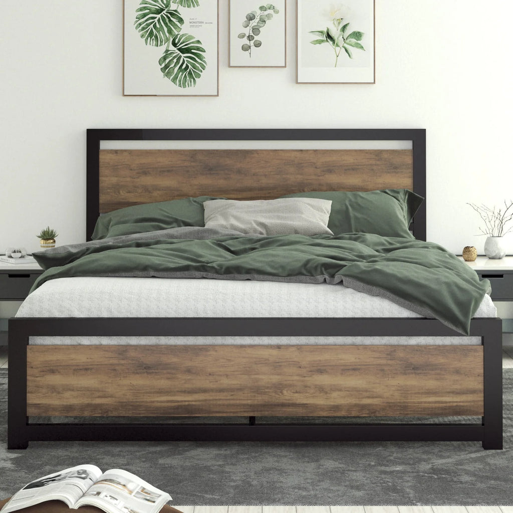 Queen Size Metal Platform Bed Frame with Wooden Headboard Footboard O31391