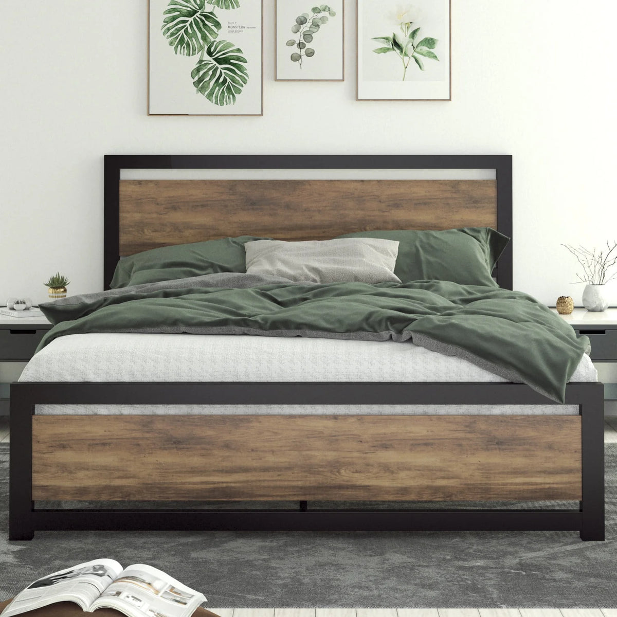 Queen Size Metal Platform Bed Frame with Wooden Headboard Footboard O31391