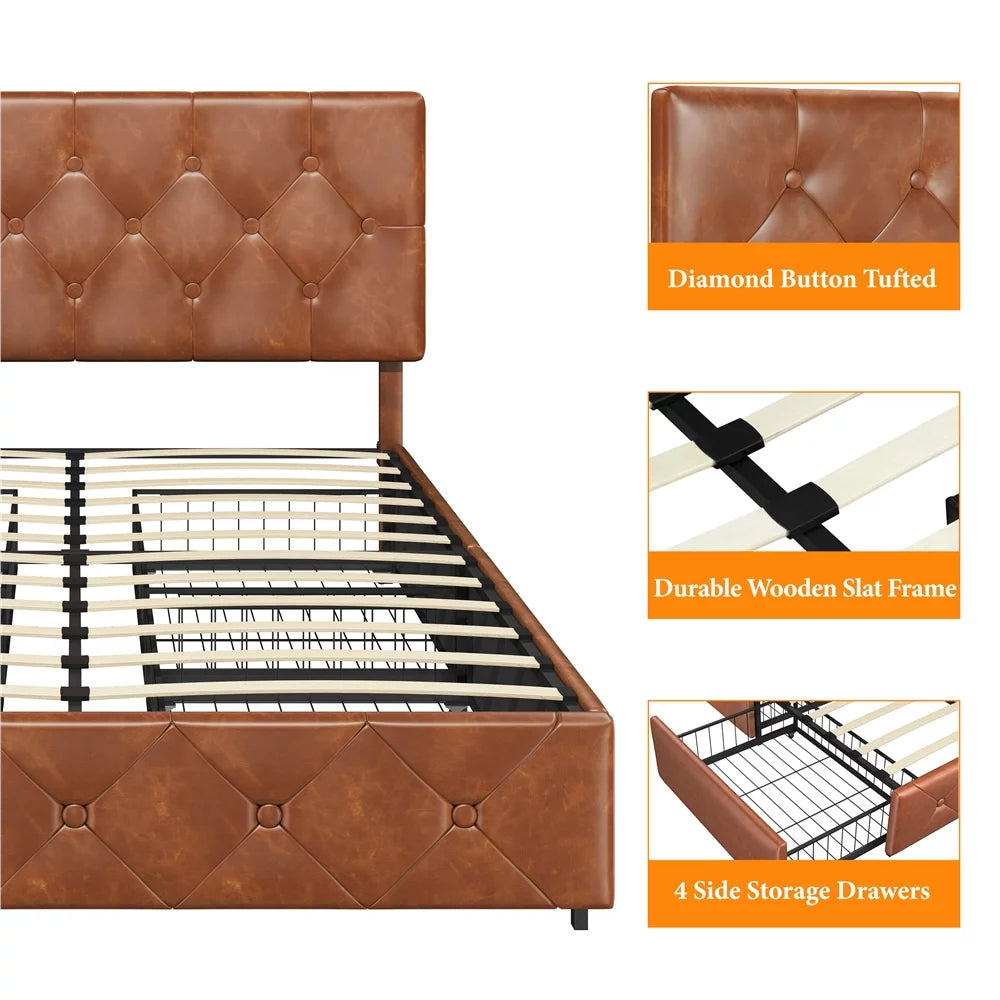 Black Queen Upholstered Platform Bed with Storage E882