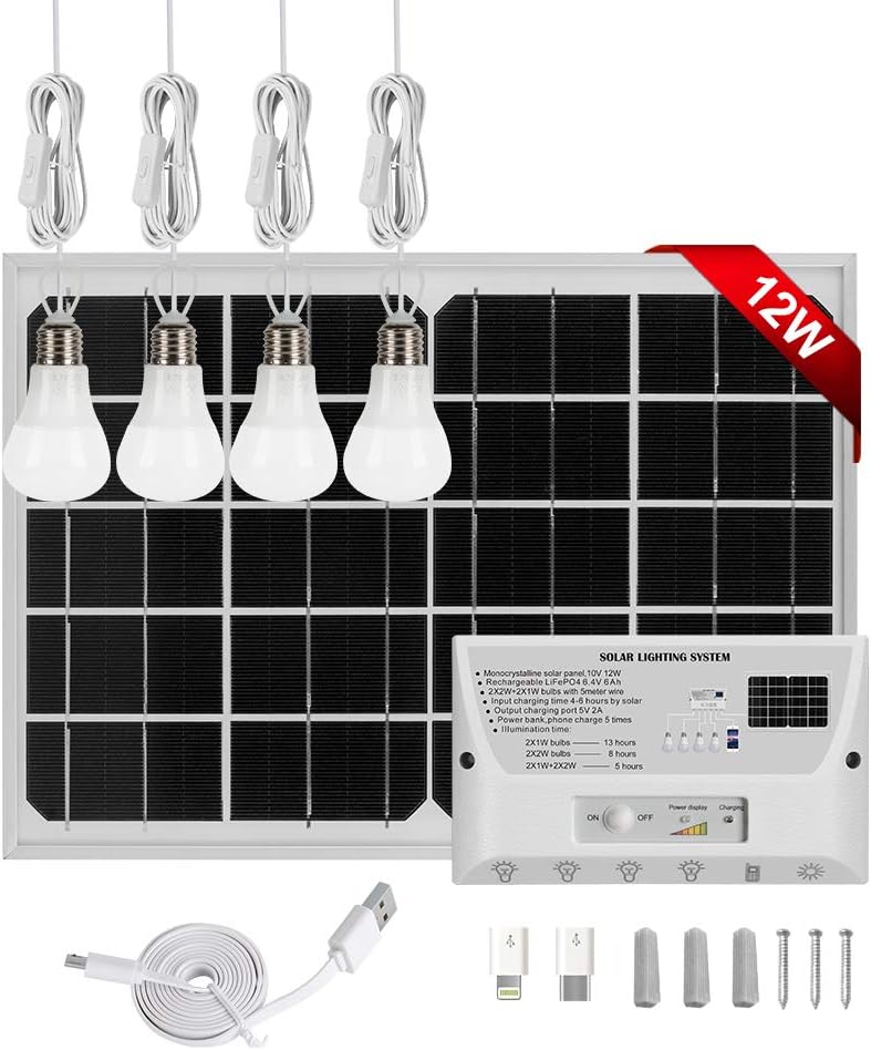 Solar Pendant Lighting System with Cell Phone Charger, 12W Solar Panel with 4 Bulbs Solar Lighting Kit E7343