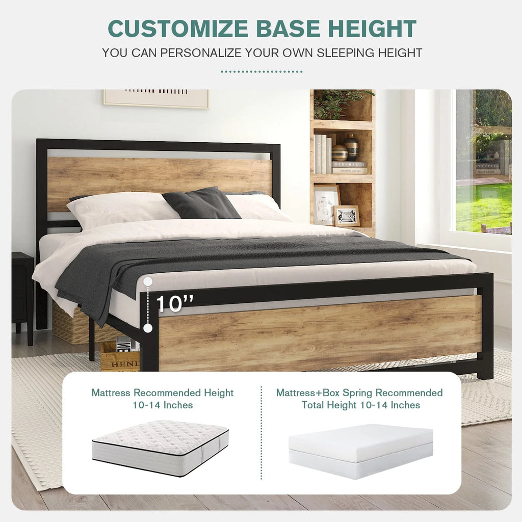Queen Size Metal Platform Bed Frame with Wooden Headboard Footboard O31391