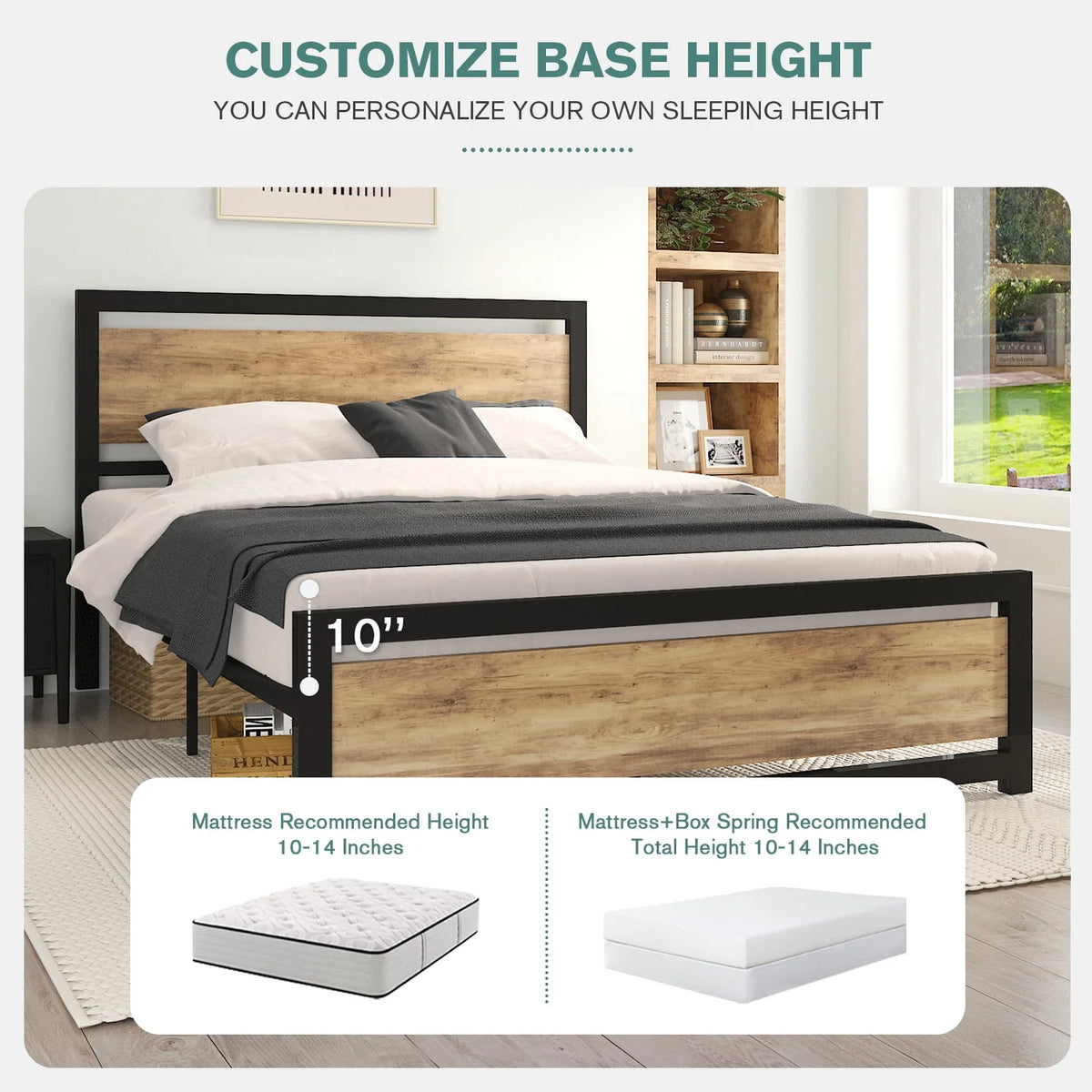 Queen Size Metal Platform Bed Frame with Wooden Headboard Footboard O31391