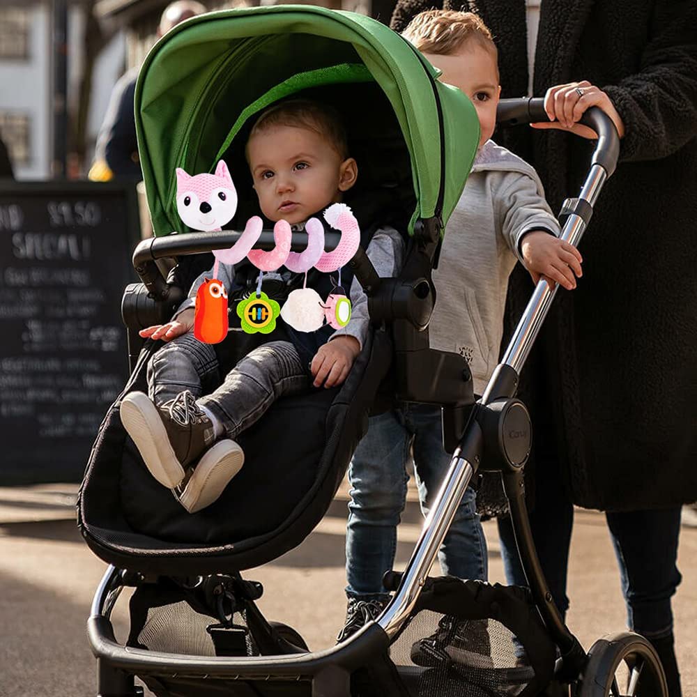 Pink Fox Baby Car Seat Toys with Musical Sheep Rattles Owl Ladybird Distorting Mirror Y980626