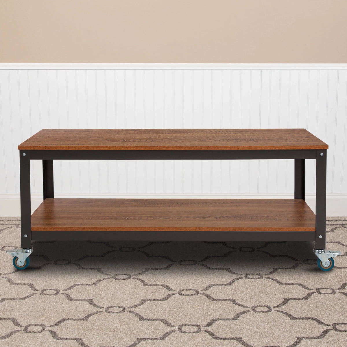 Brown Oak Wood Grain TV Stand with Metal Wheels Y697661