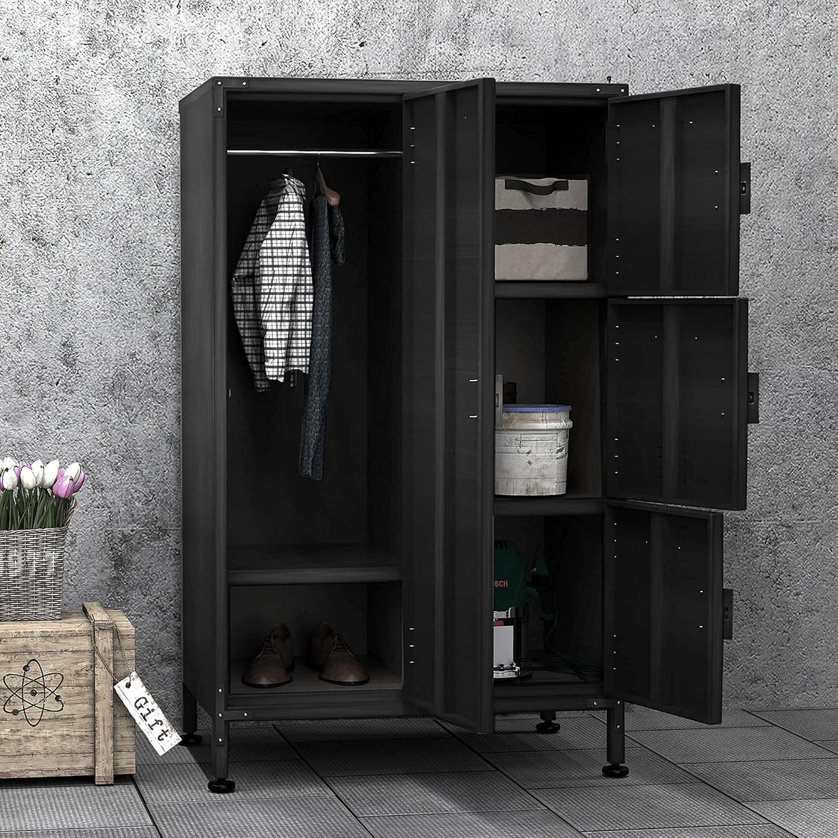 4 Door Lockable Black Metal Storage Cabinet with Shelves P1421
