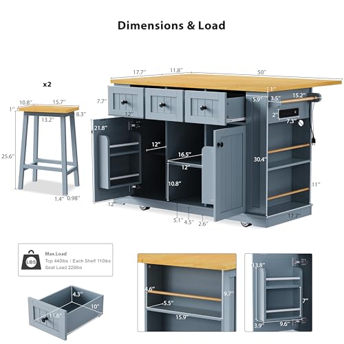 53" Rolling Kitchen Island Set with Power Outlet and Drop Leaf U500