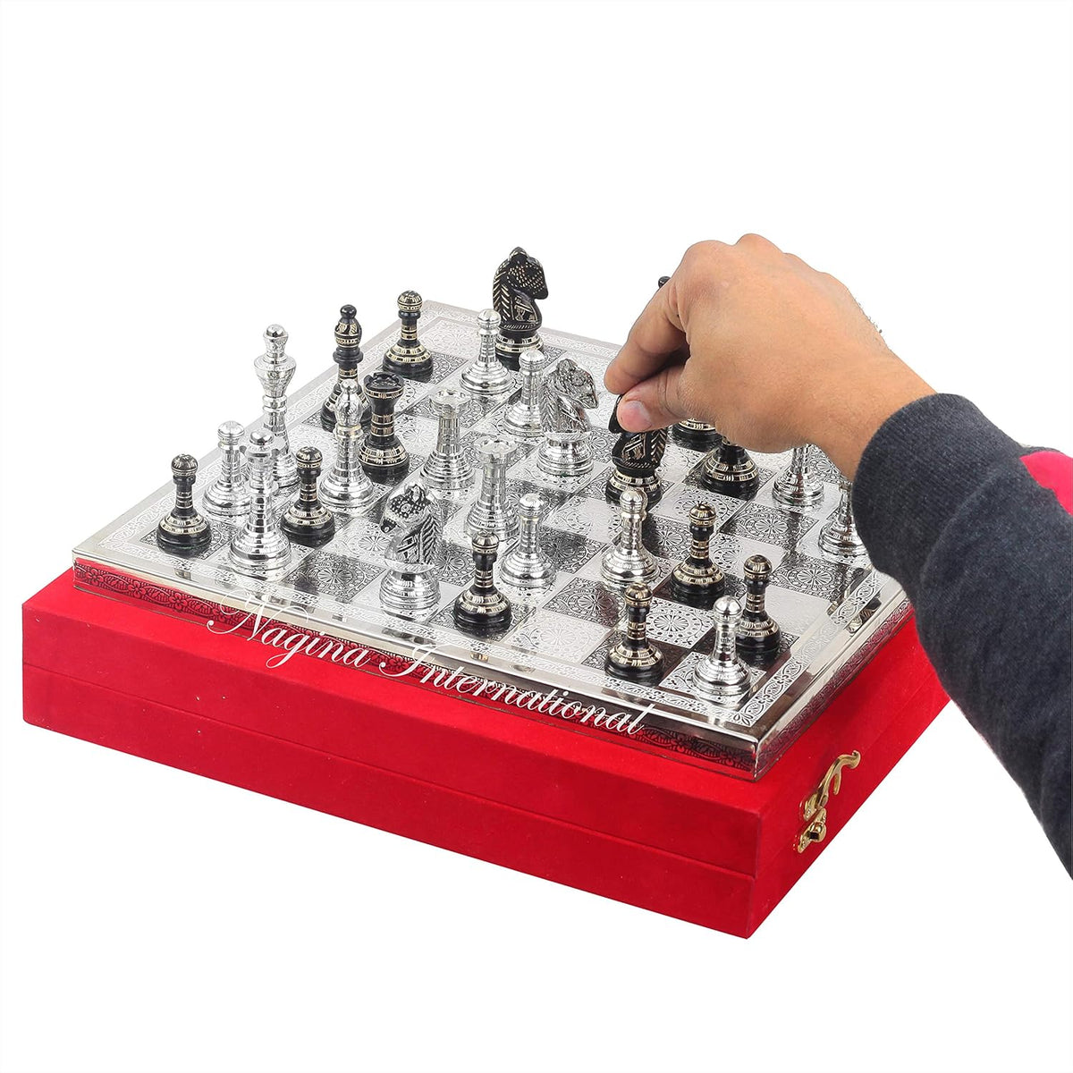 Solid Brass Black Chess Set with Red Velvet Storage Case E75503