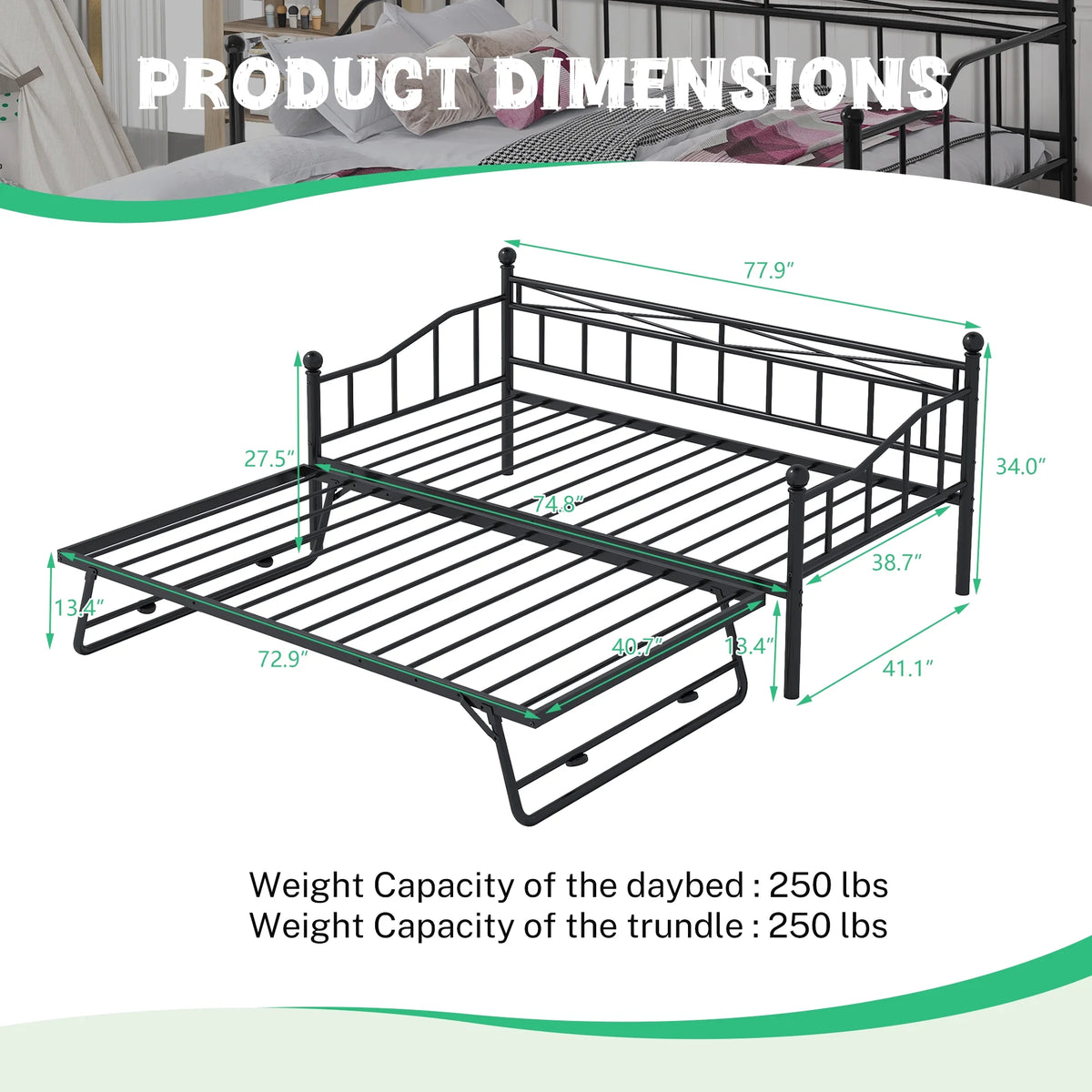 Black Twin Size Metal Daybed with Trundle J351377