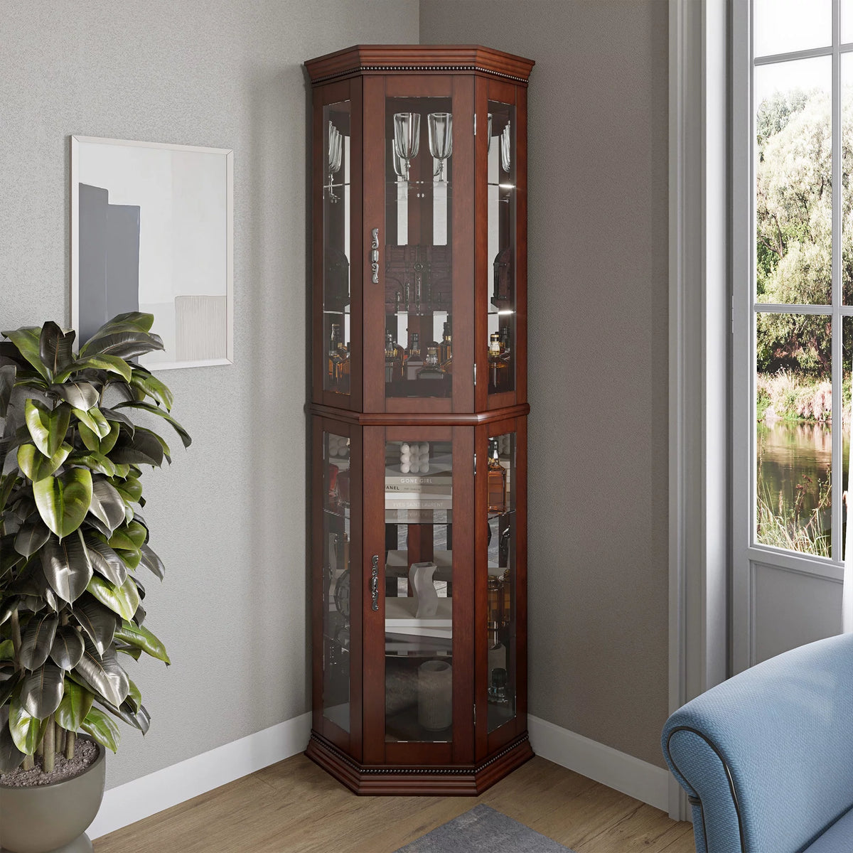 Walnut 5 Sided Lighted Corner Curio Cabinet X114