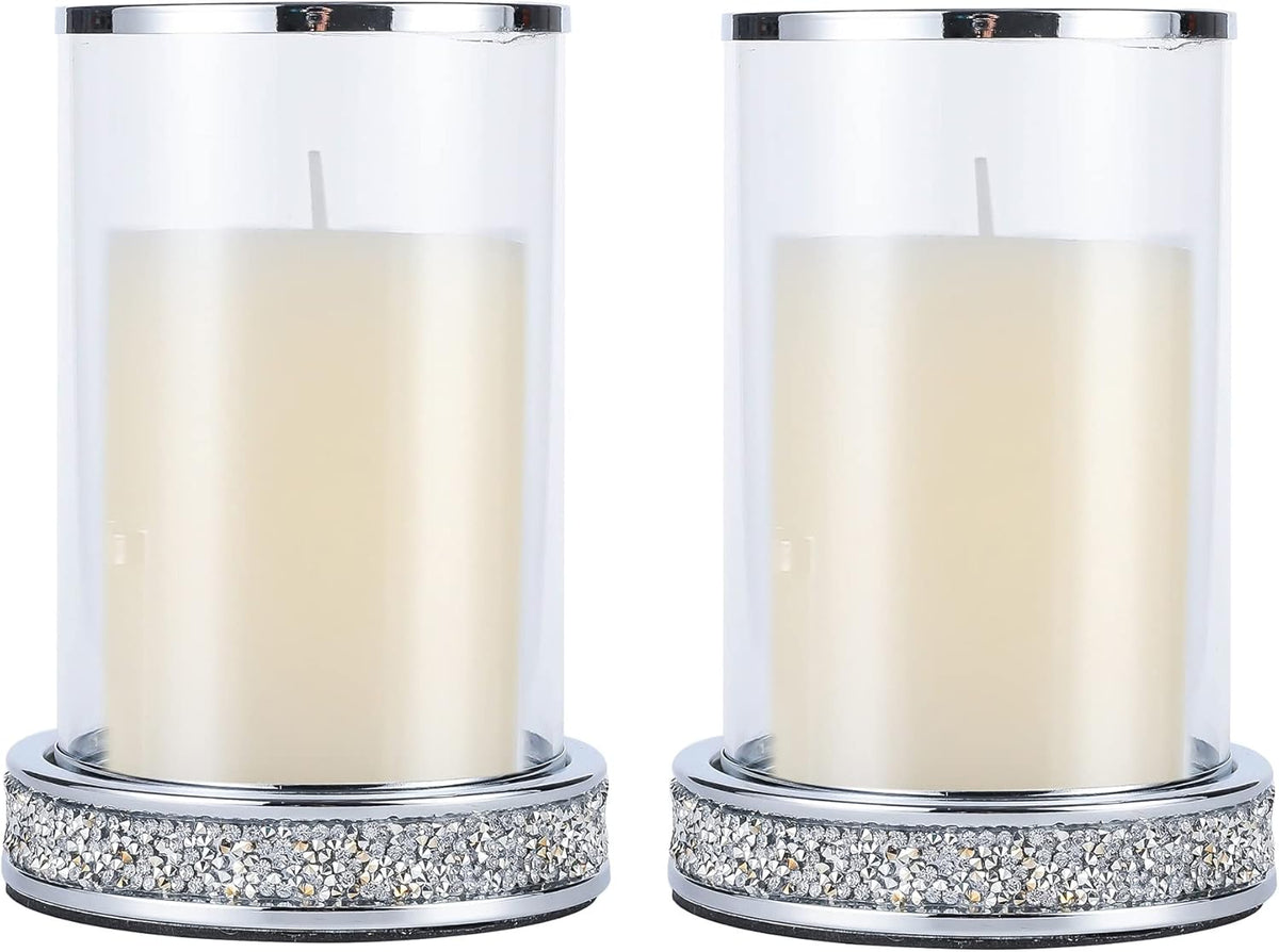 2 Pieces Silver Metal Candle Holder with Glass Hurricane Lid N774