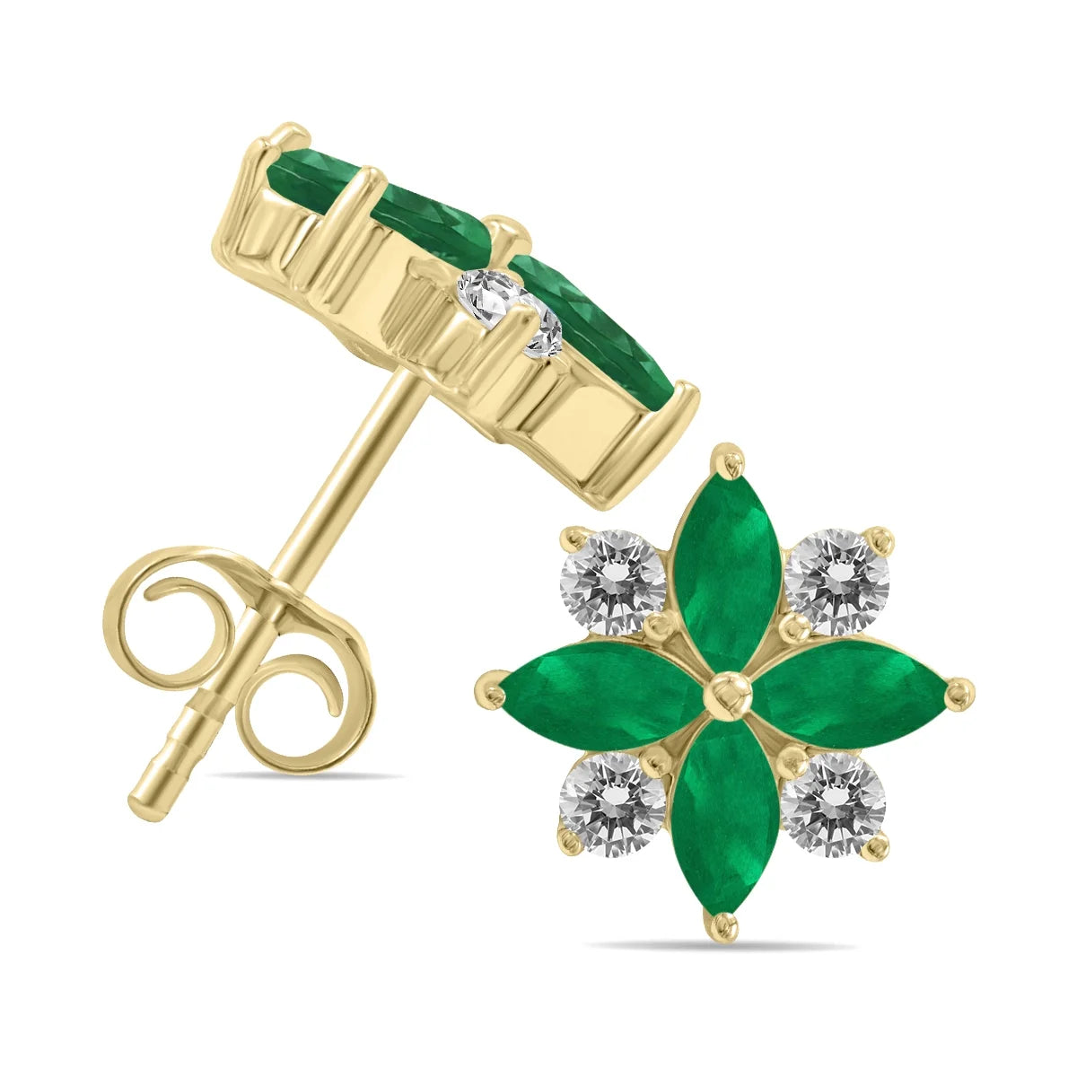 Emerald and Diamond Flower Earrings in 10K Yellow Gold K150