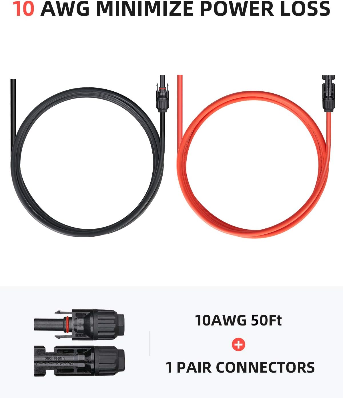 50 Feet 10AWG Solar Extension Cable with Female and Male Connector, Red and Black G41247