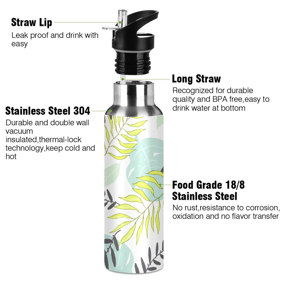 Stainless Steel Insulated Thermos Vacuum Flask Water Bottle with Straw Lid I879569