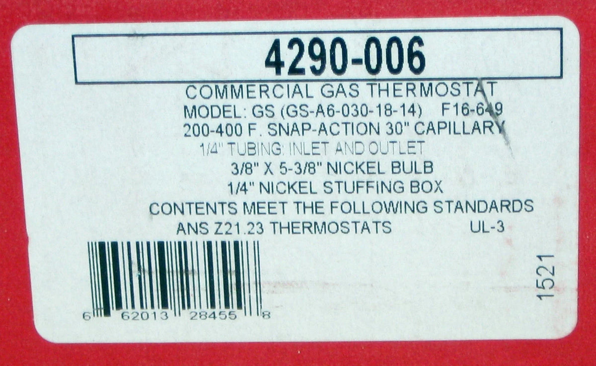 Gas Thermostat, 1/4 in Tube, 200 to 400 F N86956
