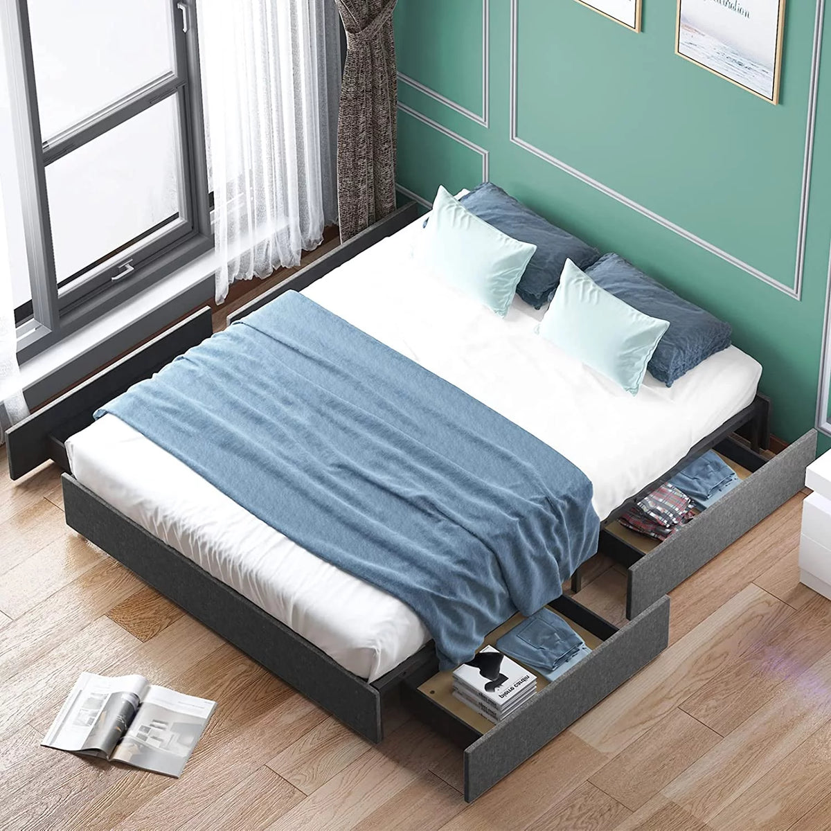 Cal King Size Platform Bed Frame with 4 Storage Drawers Cotton Linen Fabric Dark Grey P408123