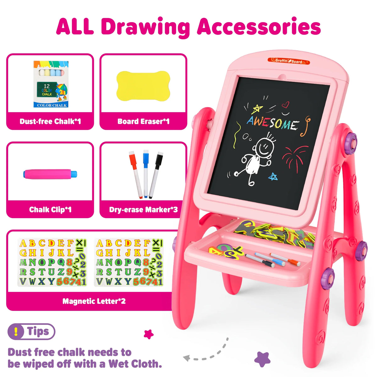 Pink Rotatable Double Sides Art Easel with Whiteboard & Chalkboard P886