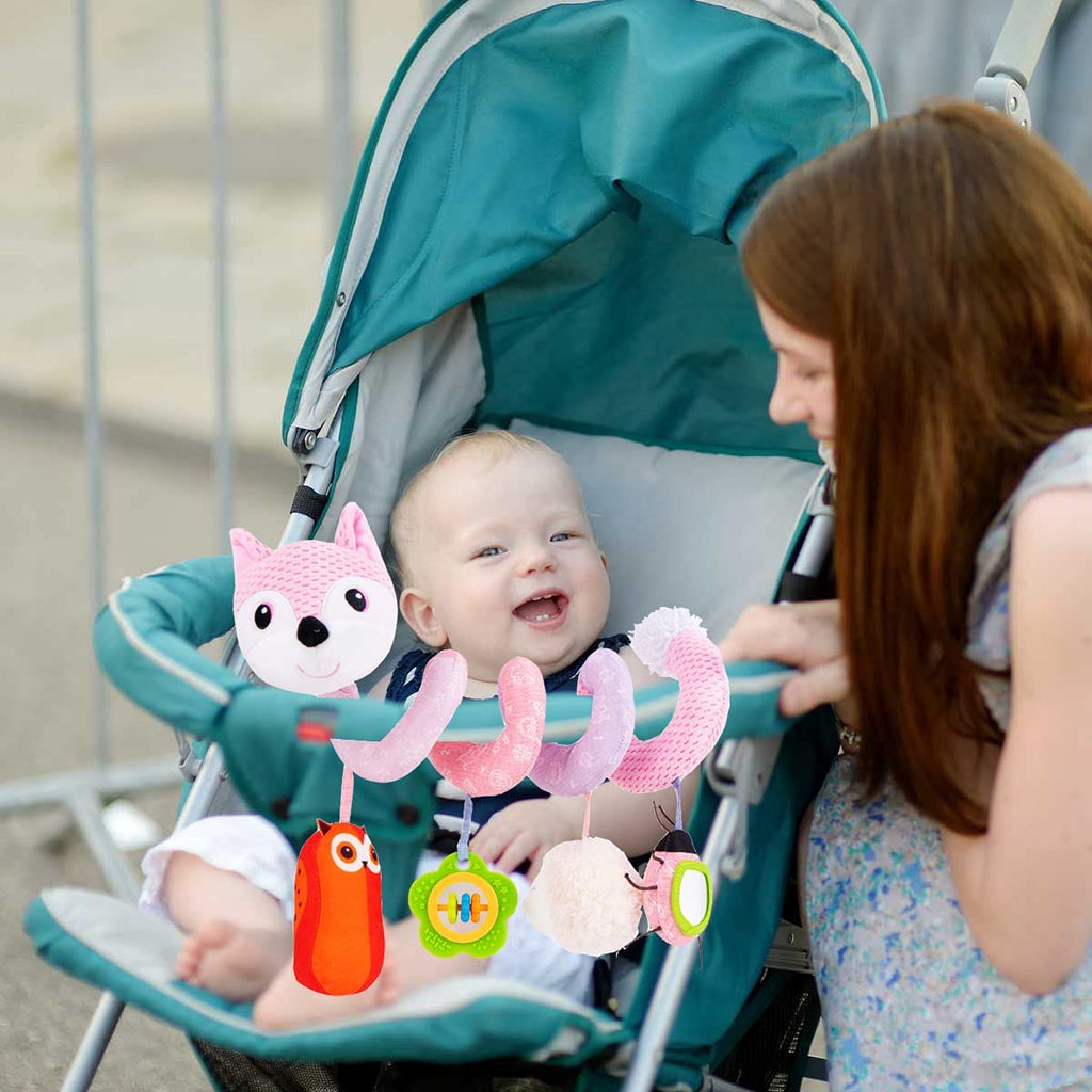 Pink Fox Baby Car Seat Toys with Musical Sheep Rattles Owl Ladybird Distorting Mirror Y980626