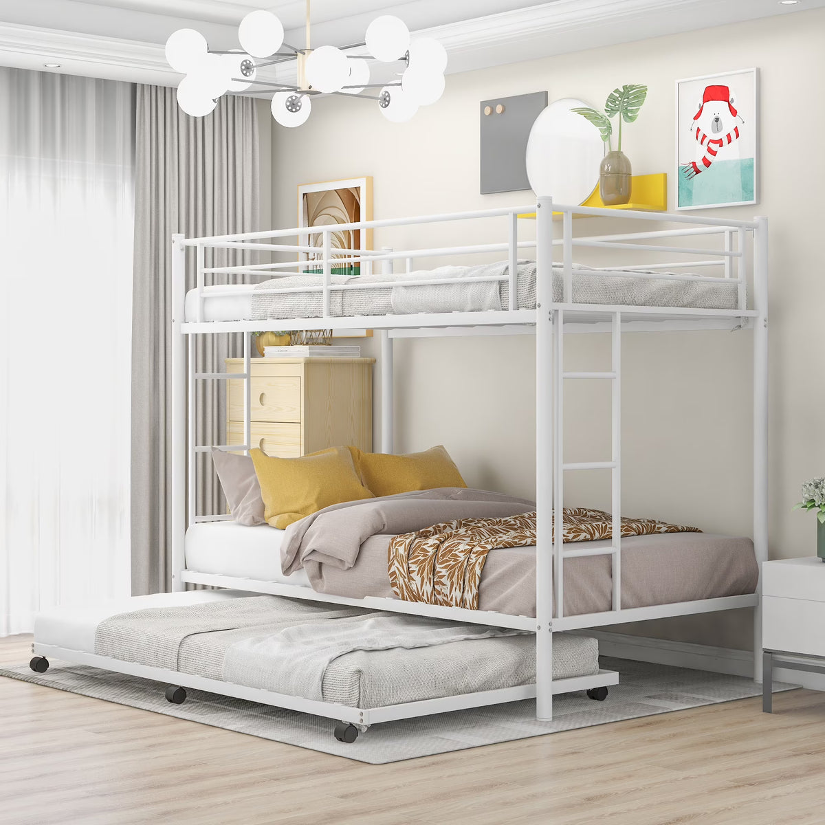 White Metal Twin over Twin Bunk Bed with Trundle P604