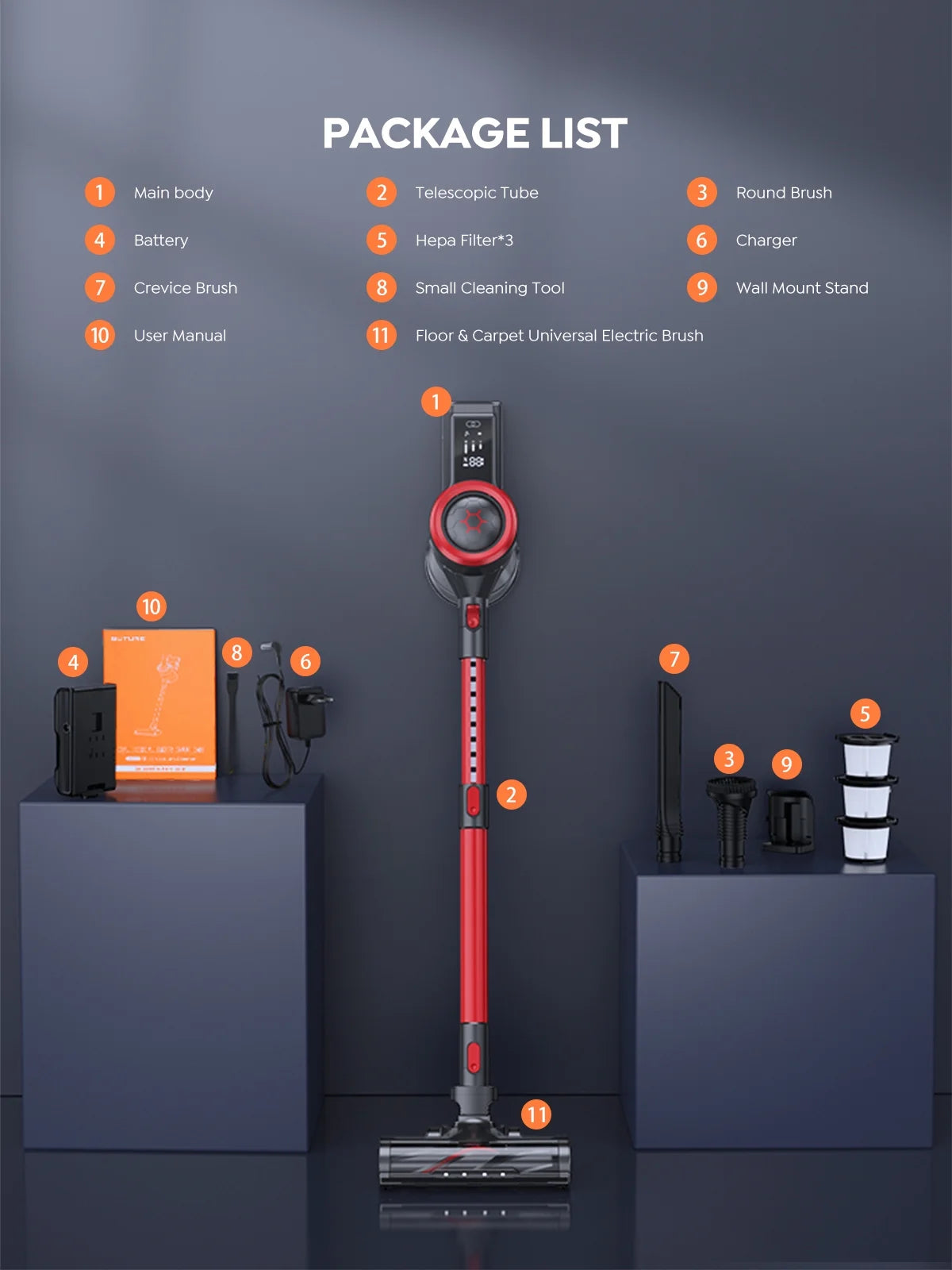 Cordless Stick Vacuum Cleaner 450W 38Kpa Detachable Battery X6882