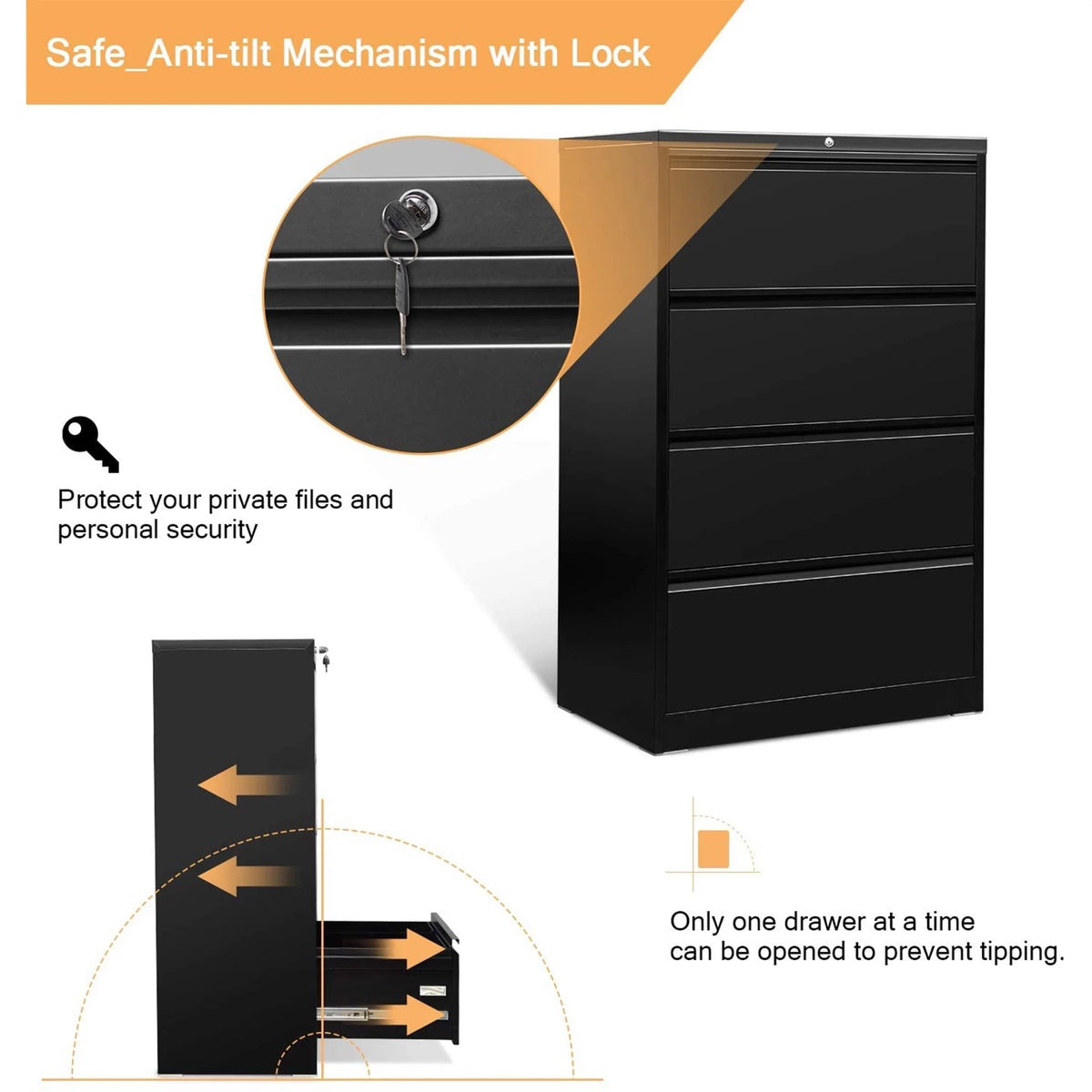 4 Drawer Black File Cabinet with Lock C2101