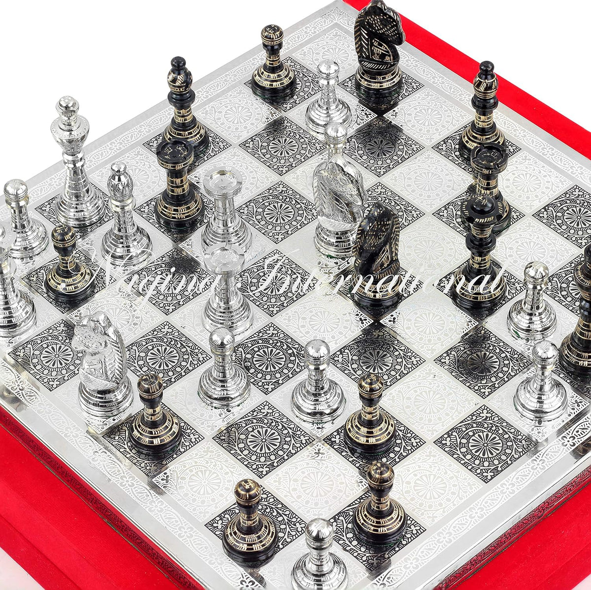 Solid Brass Black Chess Set with Red Velvet Storage Case E75503