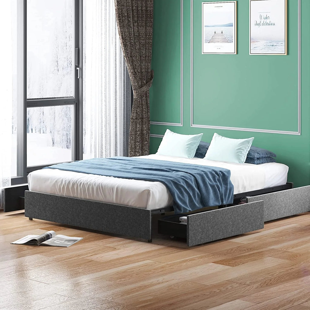 Cal King Size Platform Bed Frame with 4 Storage Drawers Cotton Linen Fabric Dark Grey P408123