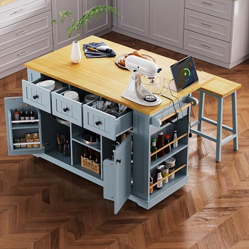 53" Rolling Kitchen Island Set with Power Outlet and Drop Leaf U500