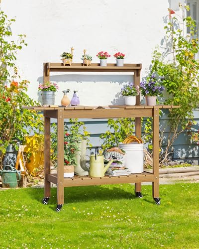 Outdoor Potting Bench with Sliding Tabletop, 4 Wheels, Removable Sink I986133