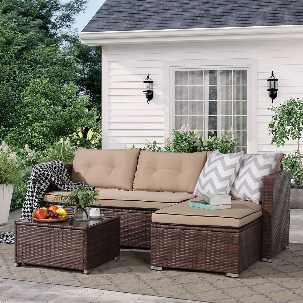 5-Piece Grey Rattan Outdoor Sectional Sofa Set with Glass Coffee Table Q946704